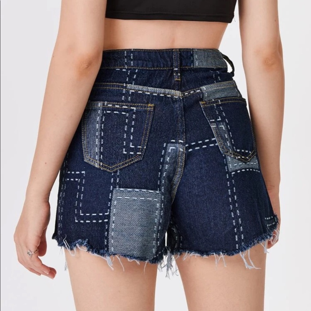 Raw Hem Color Block Denim Shorts